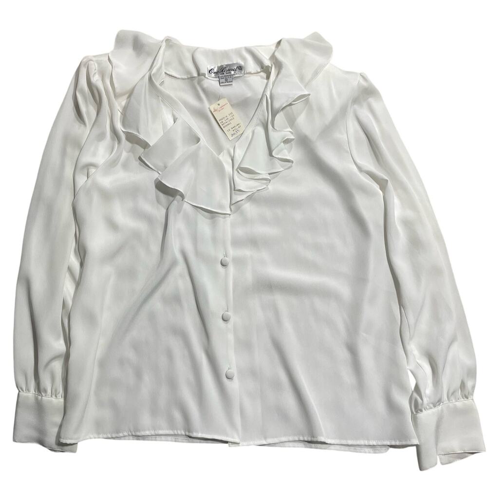 NWT VTG Eva Laurel Blouse Ruffle Button Womens Sz 12 Long Sleeve Top White USA